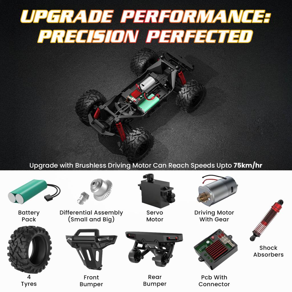 High-speed RC monster truck with 36 km/hr top speed and lightning acceleration.