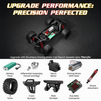 High-speed RC monster truck with 36 km/hr top speed and lightning acceleration.