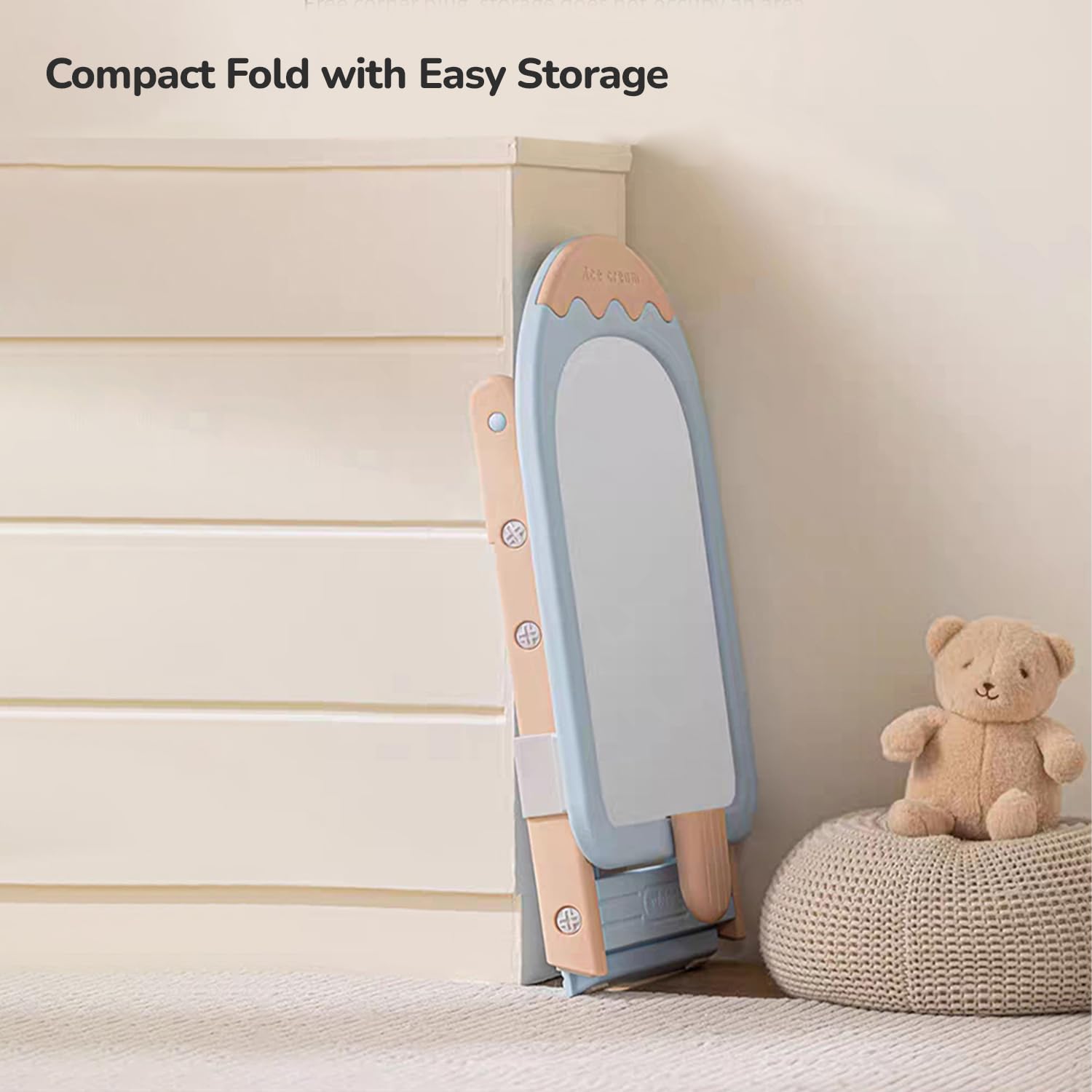 The height-adjustable feature of the R for Rabbit Little Genius blue art easel being demonstrated.