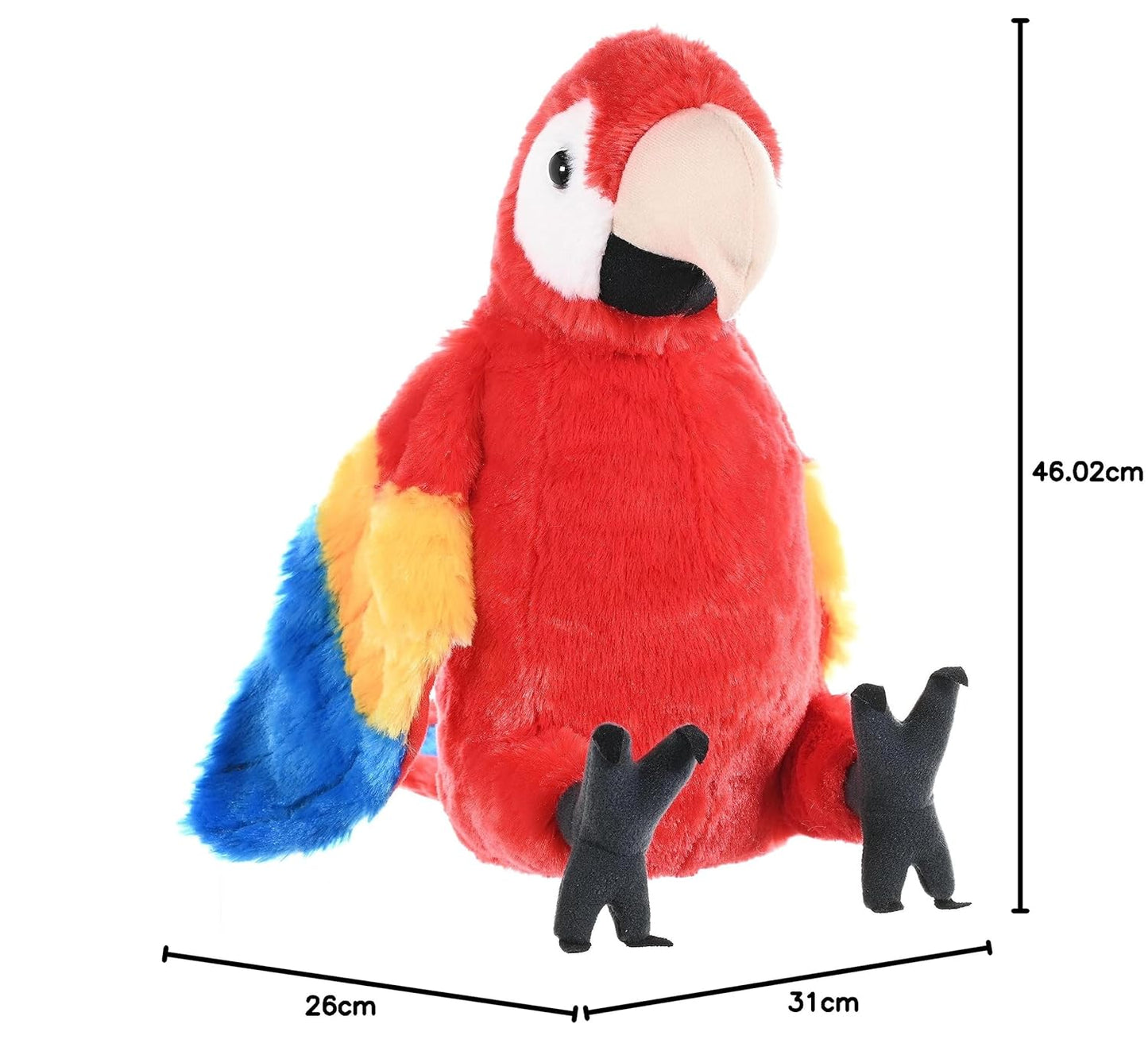 Colorful plush parrot Macaw toy with measurements on a white background