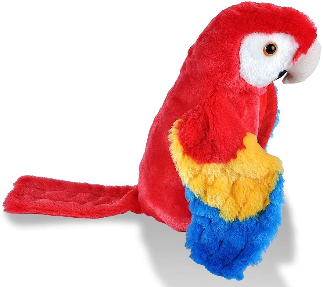 Plush parrot toy with red, yellow, and blue colors on a white background