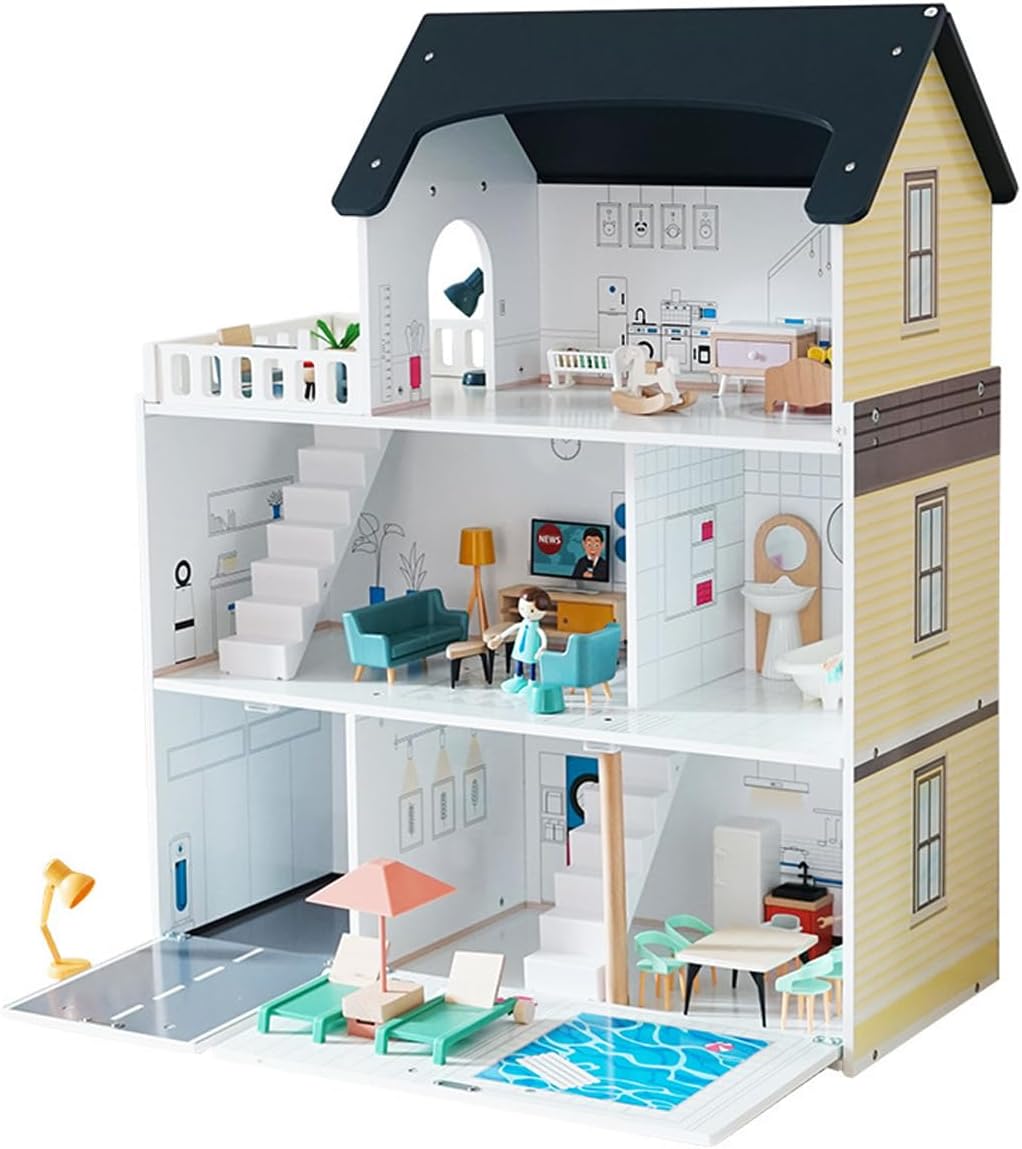 “Wooden dollhouse living room with sofa, coffee table, lamp, and TV – realistic pretend play furniture”