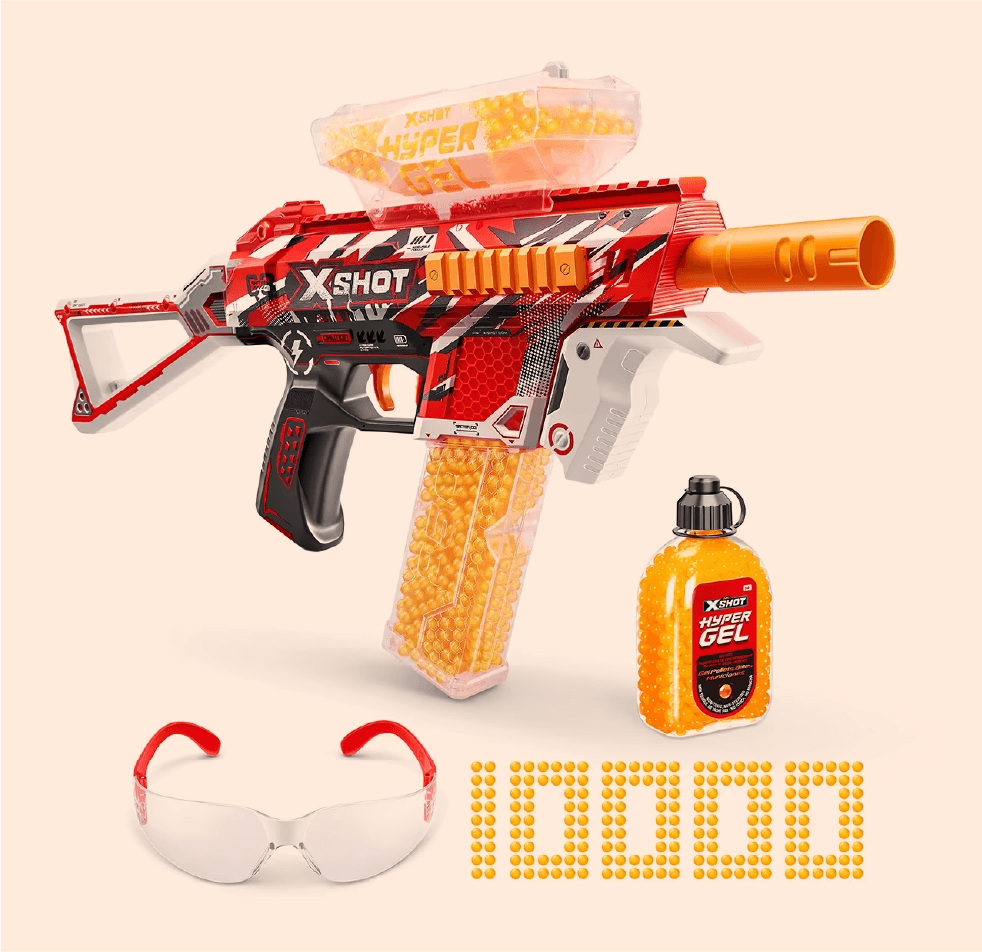 Red and orange toy gun with yellow beads, safety goggles, and a bottle of gel on a beige background.