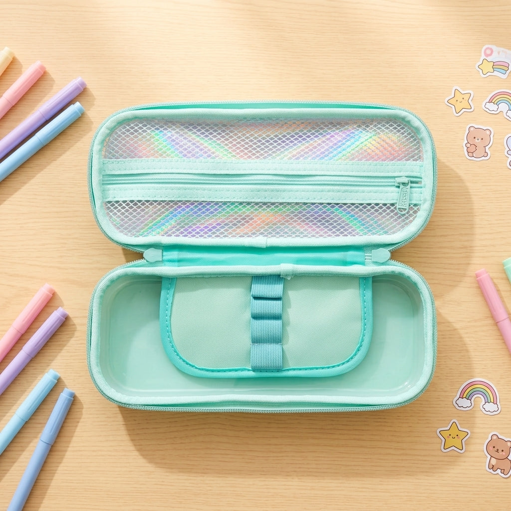 Kawaii chibi girl lemon pencil box with pink quicksand glitter and teal zipper for students