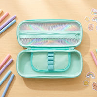 Kawaii chibi girl lemon pencil box with pink quicksand glitter and teal zipper for students