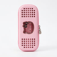 Pink structured pencil case with silver charm zipper pull and bear cutout window for school