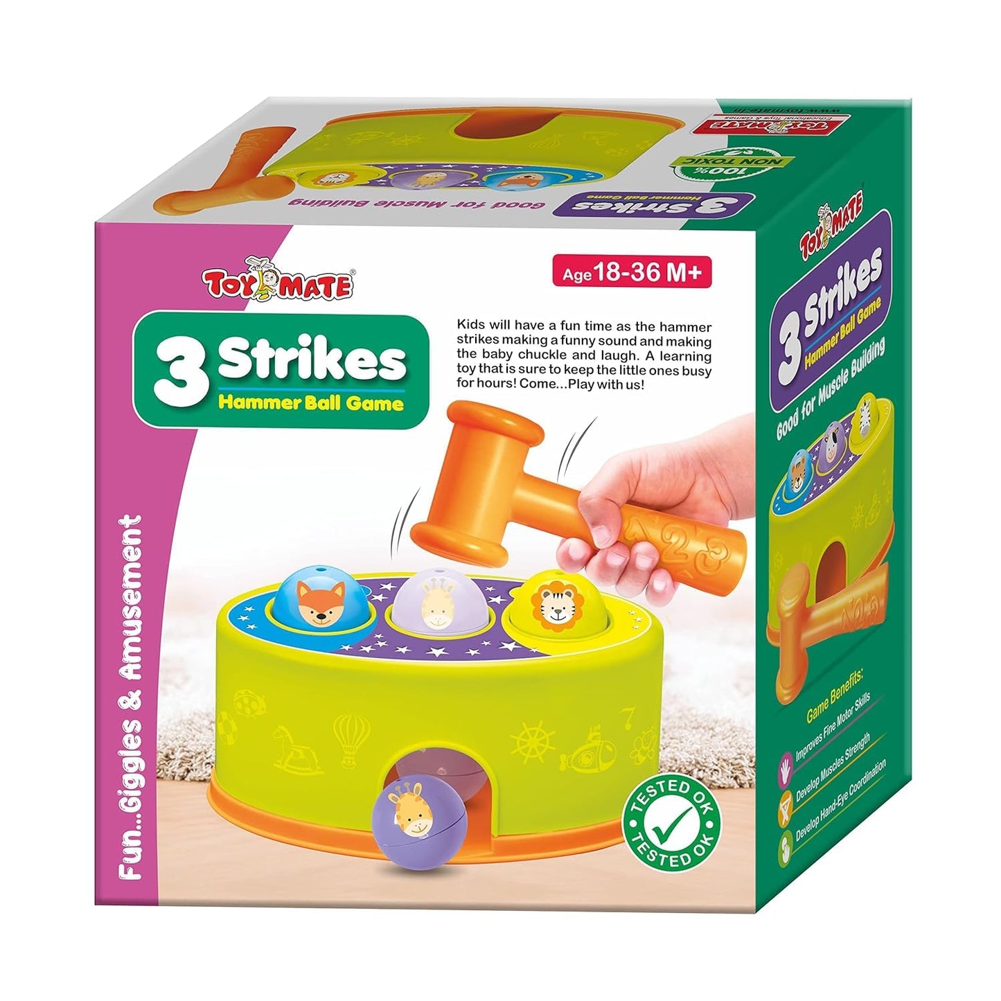 Toddler girl playing with colourful hammer ball bench toy with animal face balls