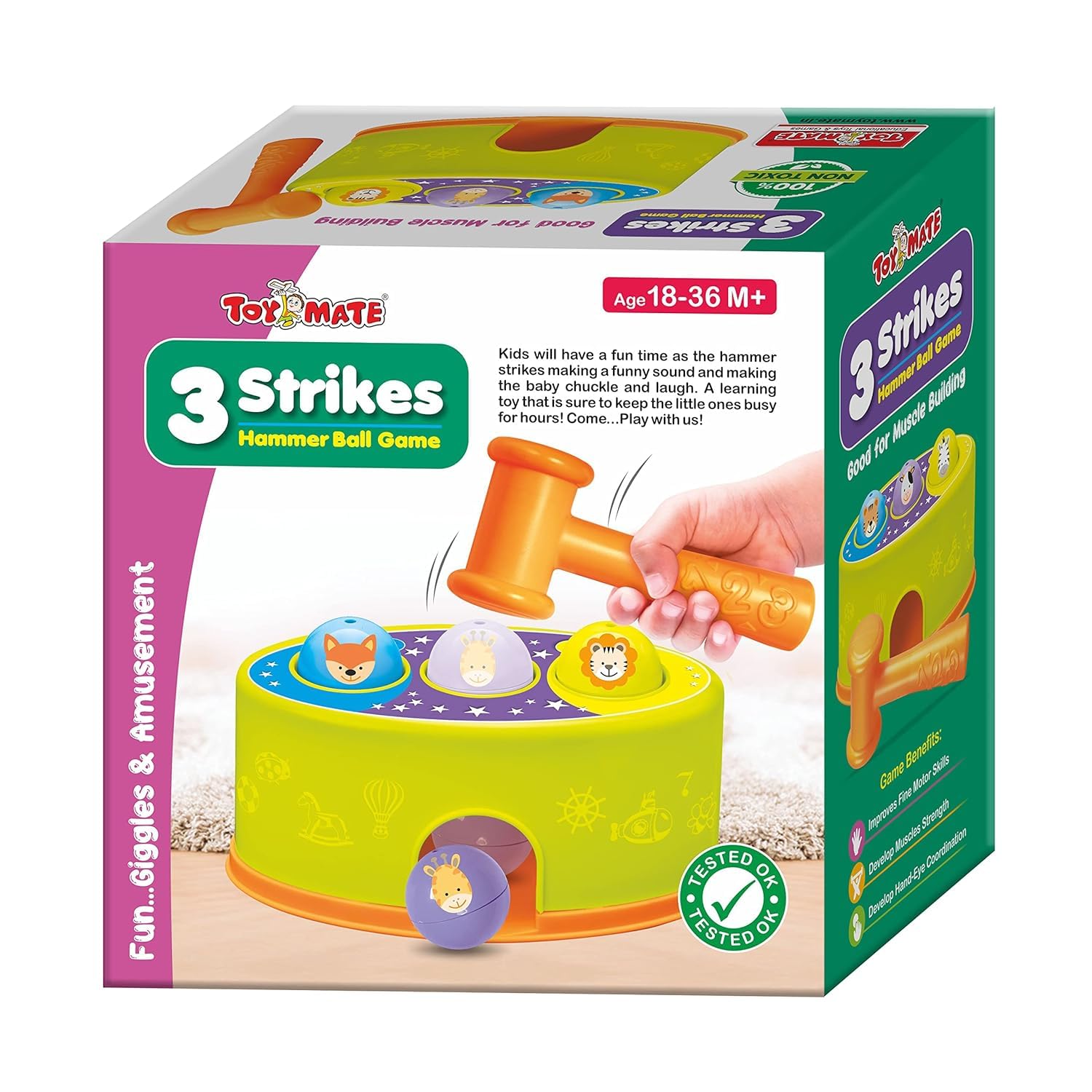 Toddler girl playing with colourful hammer ball bench toy with animal face balls