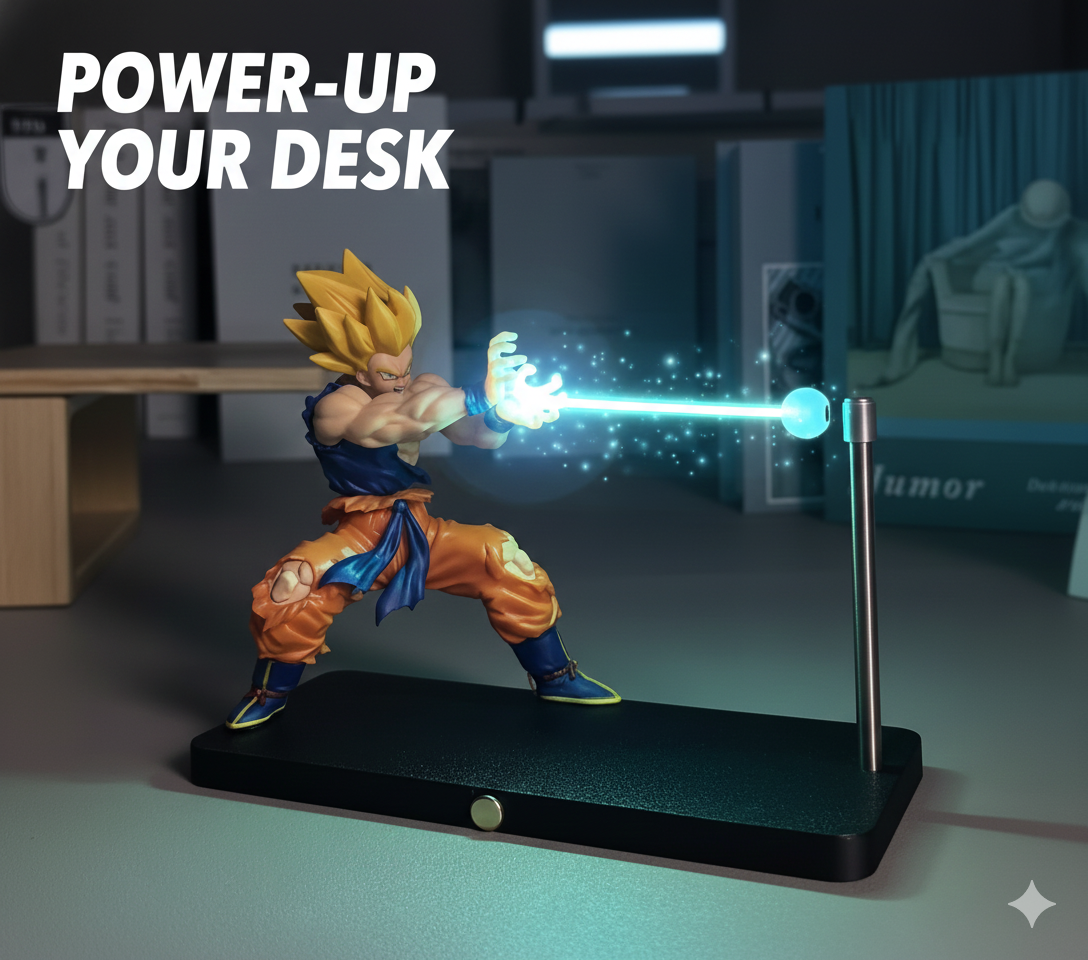 Super Saiyan Goku figurine with energy blast on a desk, text 'Power-Up Your Desk' in the background.