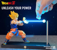Dragon Ball Z figurine with a hand holding a light saber, against a dark background with promotional text.