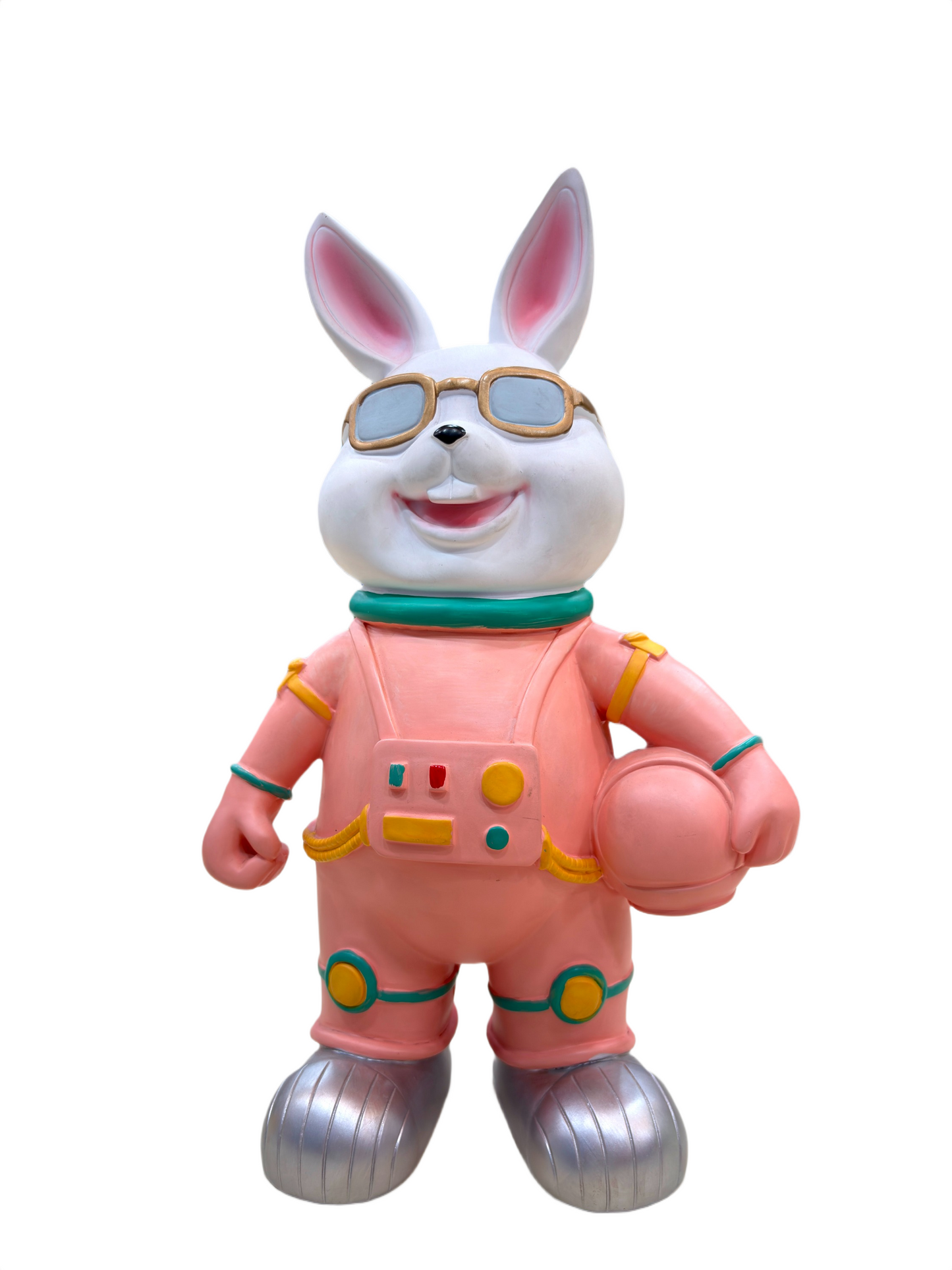 Front view of Astronaut Bunny 13.3-inch collectible figurine in pink space suit with helmet