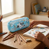 Blue iridescent pencil case with astronaut guitar print and smooth zipper closure for students
