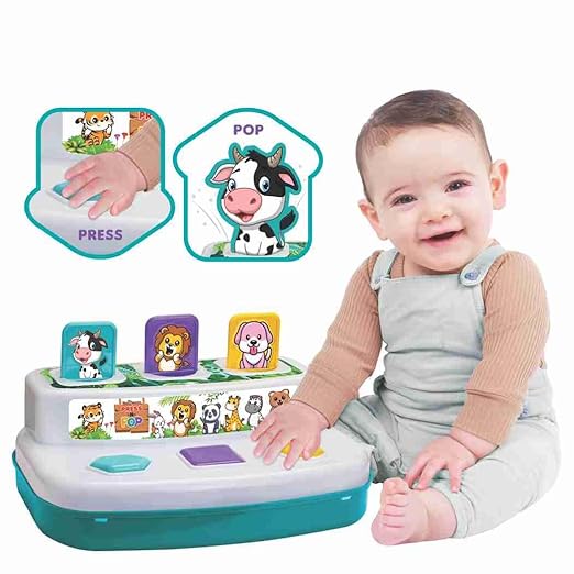 Baby playing with Press-N-Pop jungle animal game screen-free toddler activity toy india