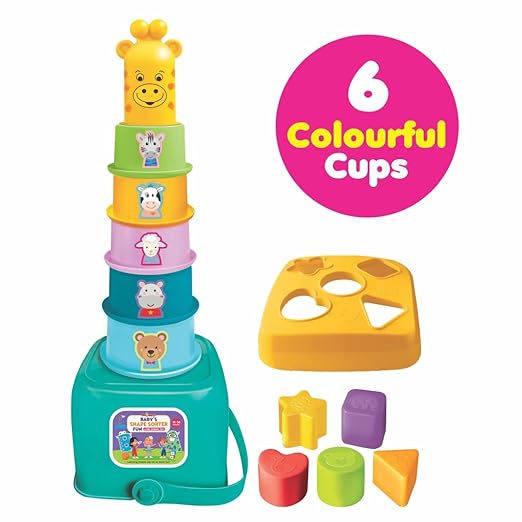 Baby playing with Cuppy Shappy animal stacking tower and shape sorter combo