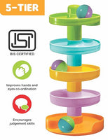 Baby watching colourful ball spiral down 5-tier rolling tower sensory development toy