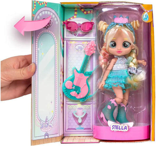 Stella Fashion Doll holding turquoise guitar and wearing sparkling outfit