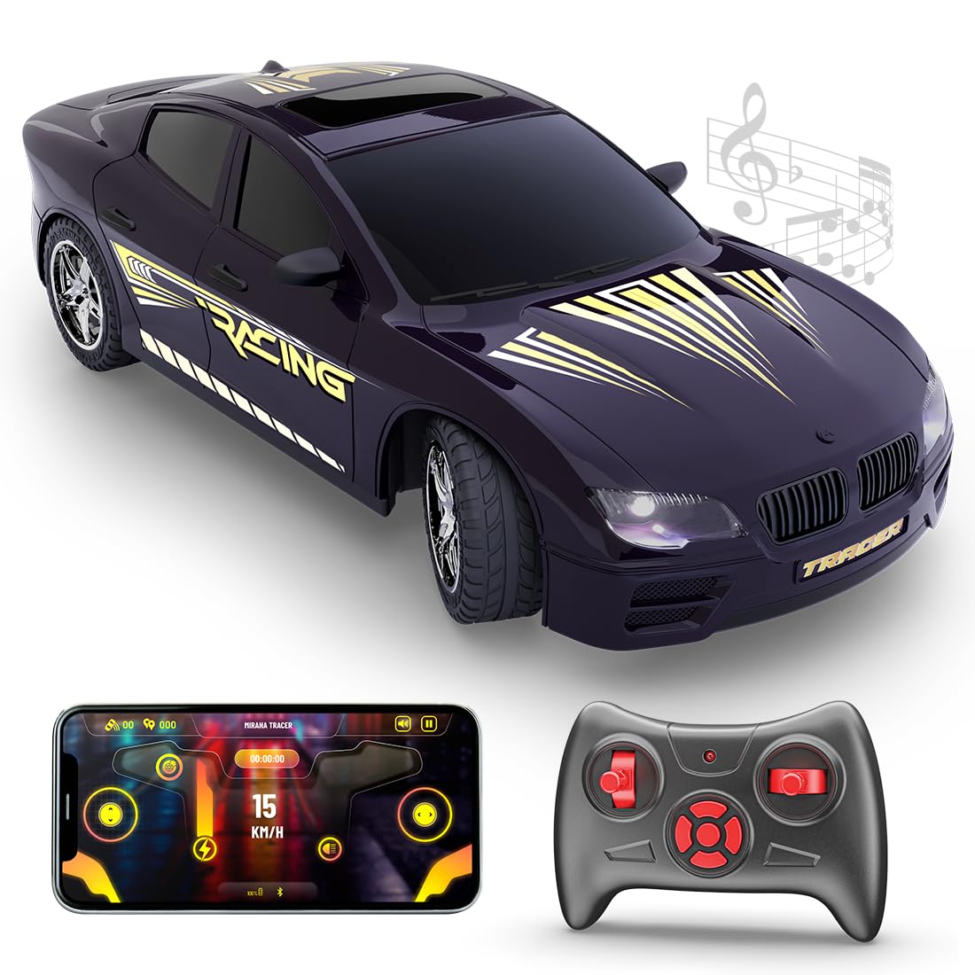 black RC racing car toy with remote and smartphone app control