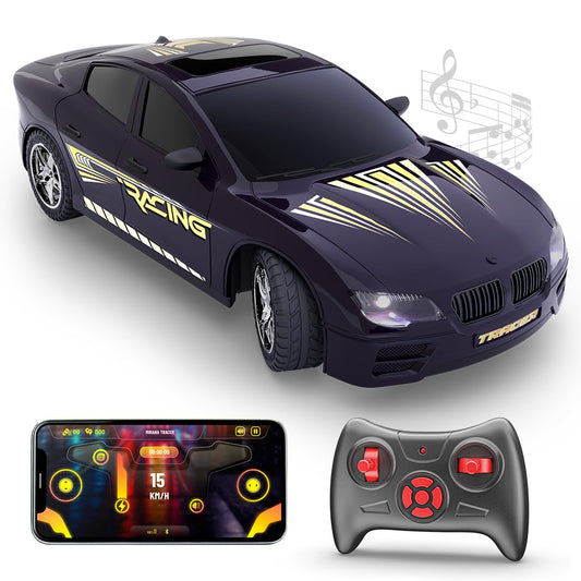 black RC racing car toy with remote and smartphone app control