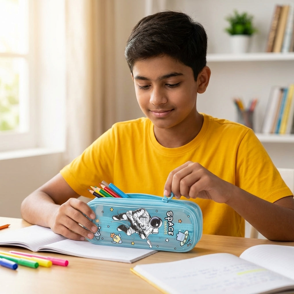 Space themed pencil pouch for school boys – holographic zipper case with UFO and rocket graphics