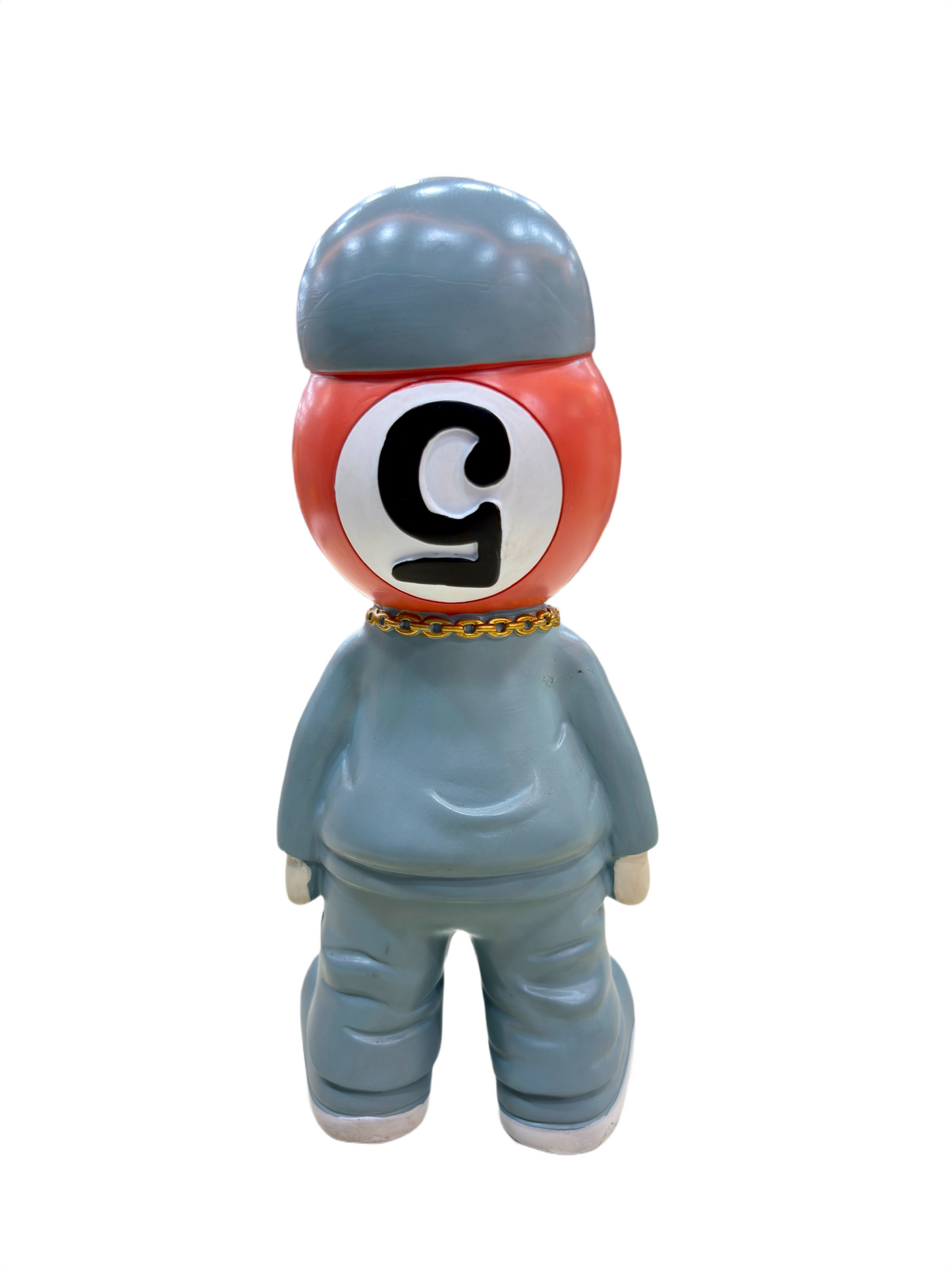 Back side view of Bored Gorilla 8.5-inch collectible figurine in blue outfit and cap