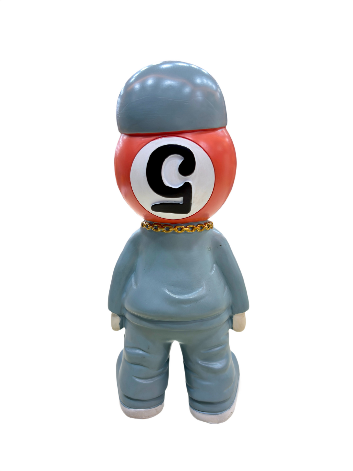 Back side view of Bored Gorilla 8.5-inch collectible figurine in blue outfit and cap