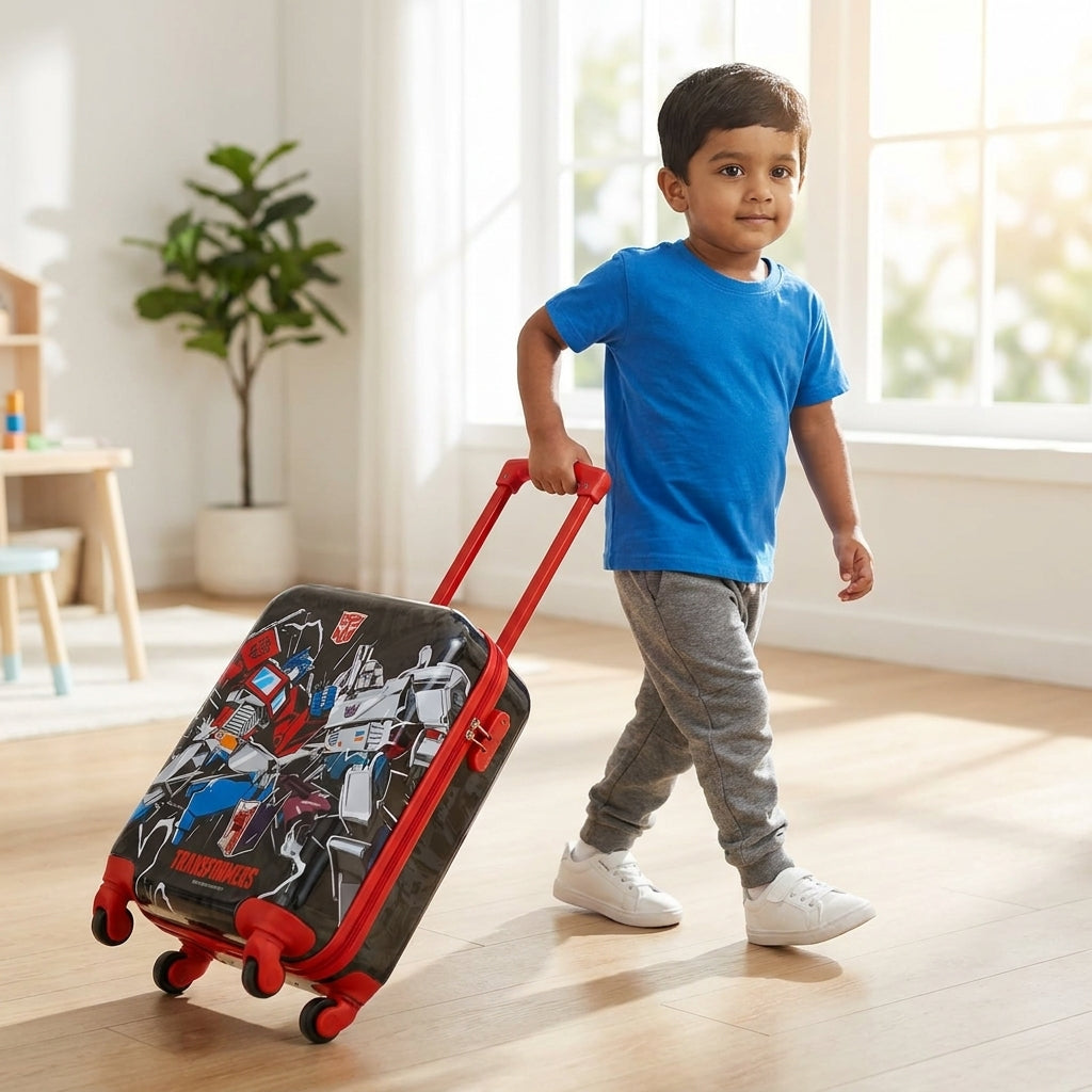 Black and red children's rolling suitcase with full-panel cartoon character graphic, front view