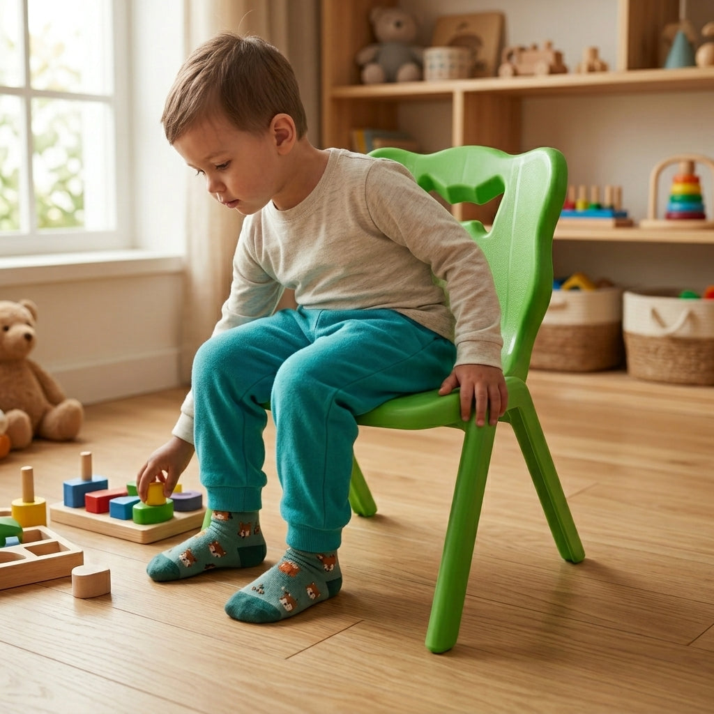 Kids decorative green plastic chair with carry handle for indoor and outdoor use
