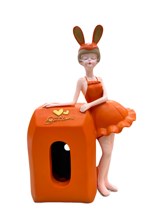 Front view of Bunny Girl 12-inch figurine in orange dress with Sweet Love seat