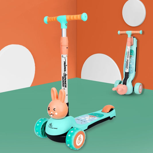 Green and peach bunny scooter for kids with cute 3D bunny front