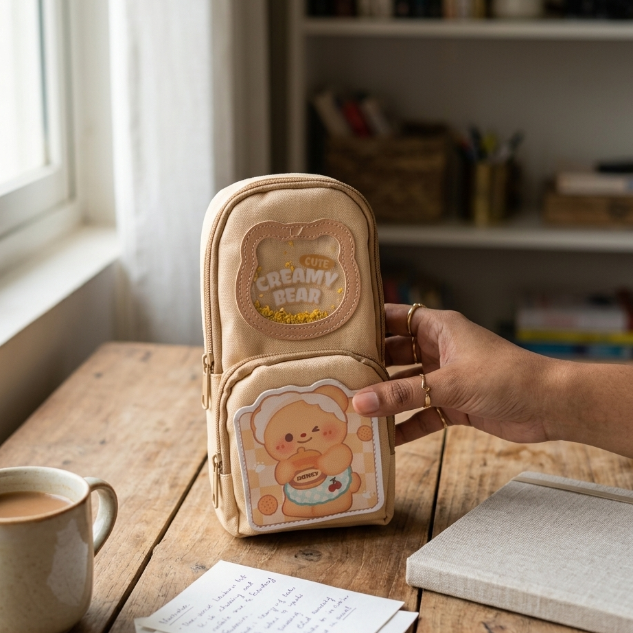 Aesthetic beige pencil pouch cartoon bear design for school girls