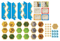 Catan board game components – cards, hex tiles, and pieces