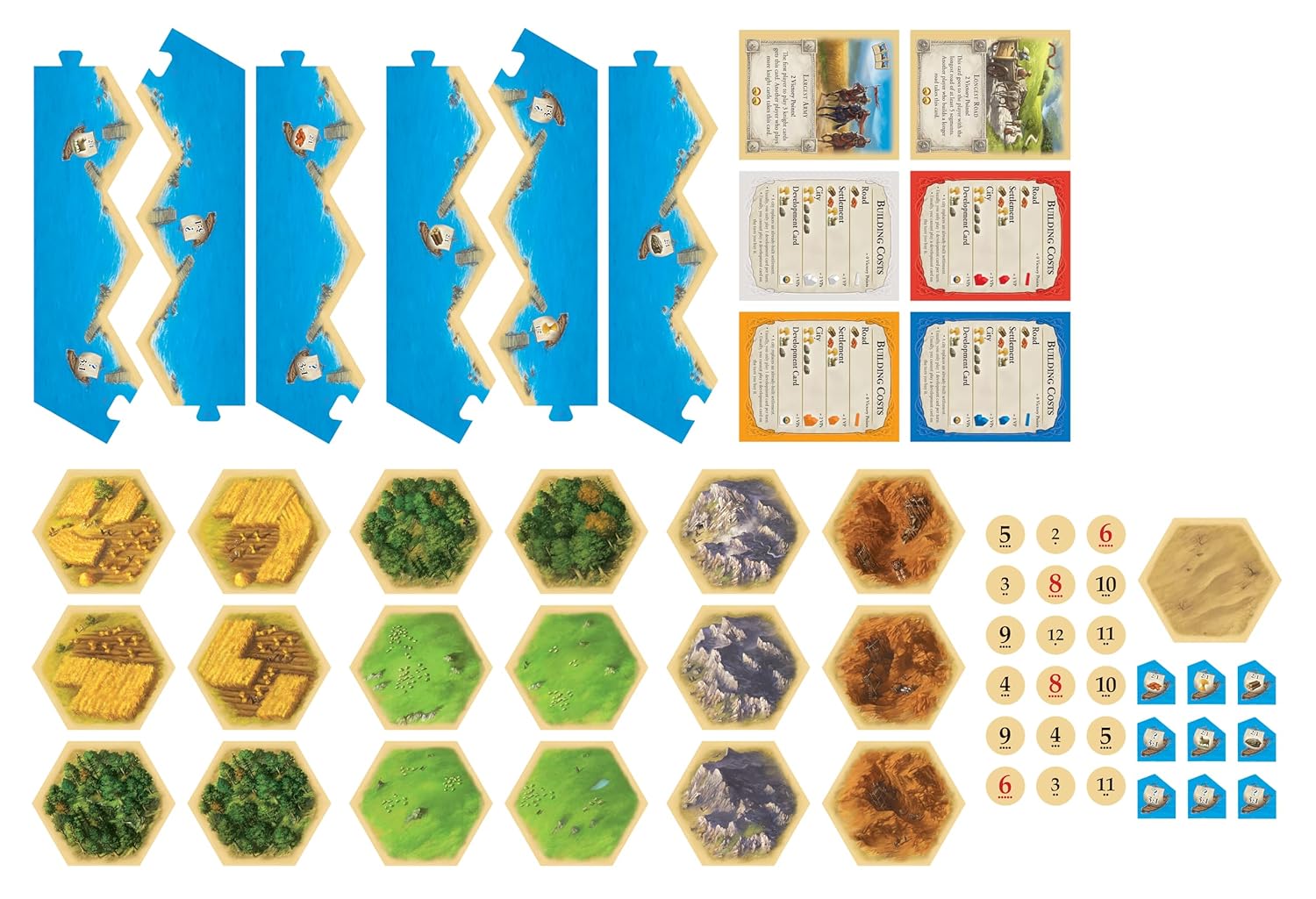 Catan board game components – cards, hex tiles, and pieces