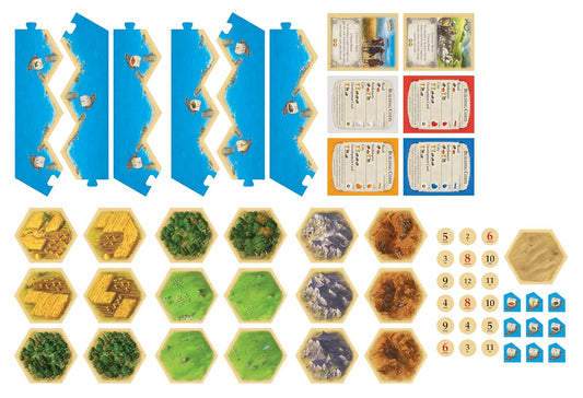 Catan board game components – cards, hex tiles, and pieces