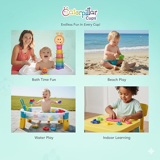 ToyMate Caterpillar Cups stack float and catch bath play toy for babies 12 months