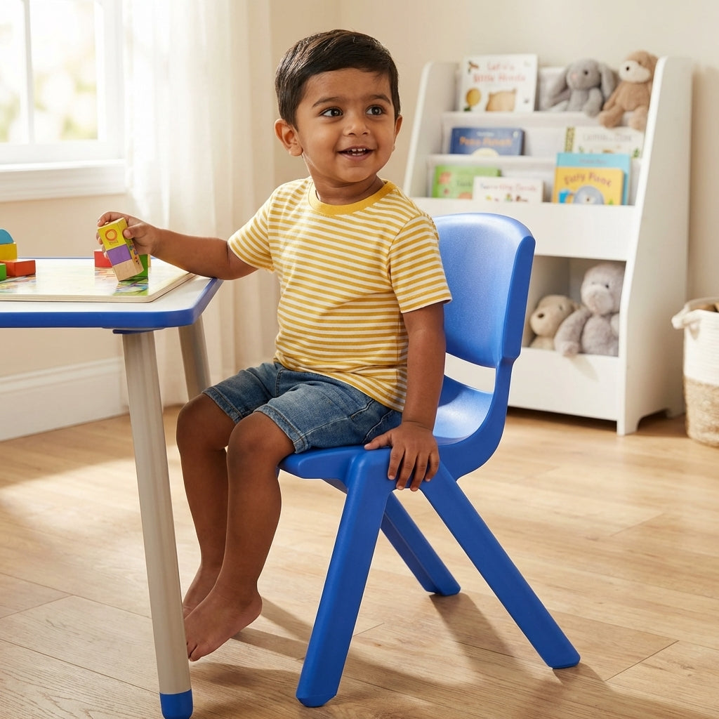 Blue kids activity chair with contoured seat and ventilation slot backrest