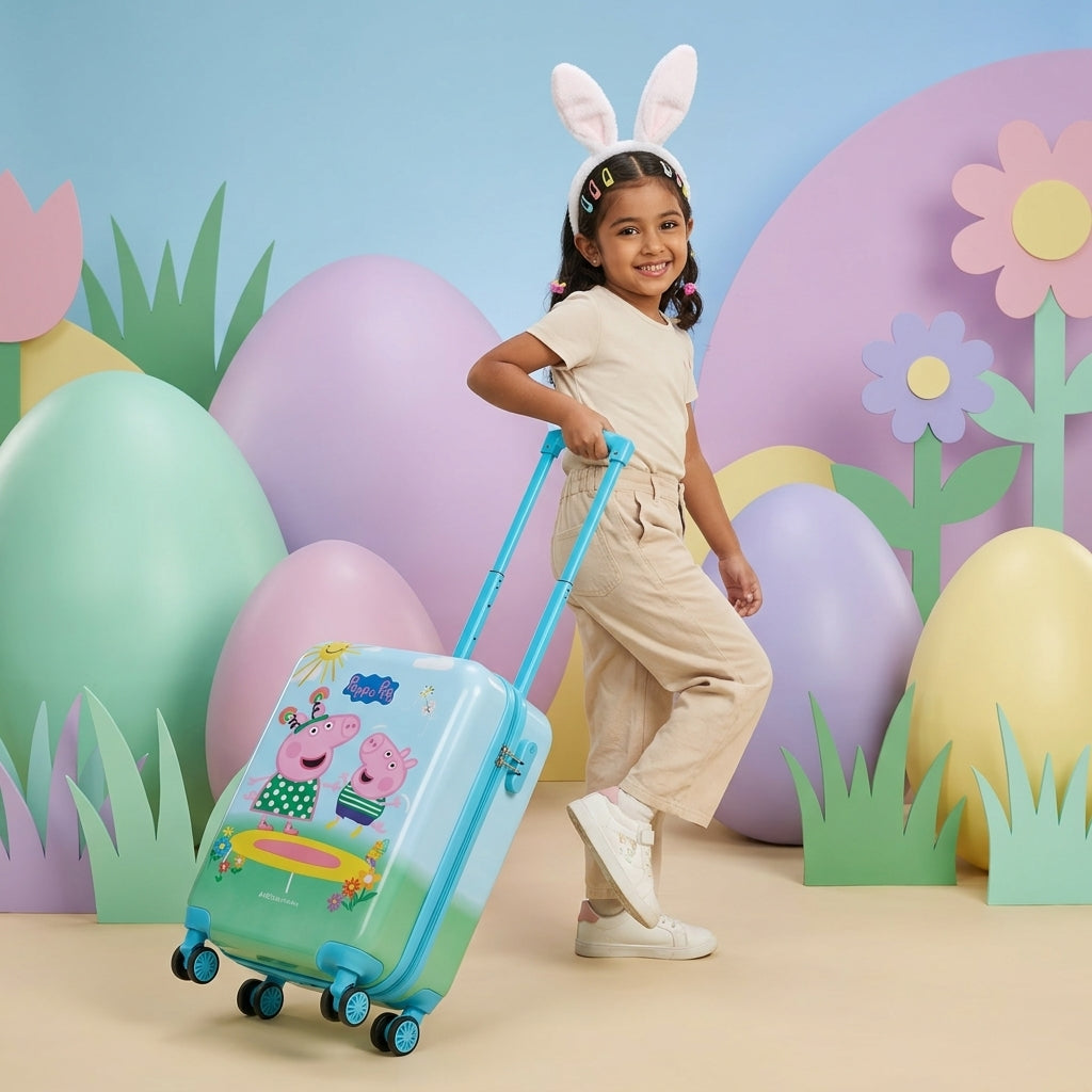 Children's hard shell cabin luggage with full panel Peppa Pig character print in blue and pink