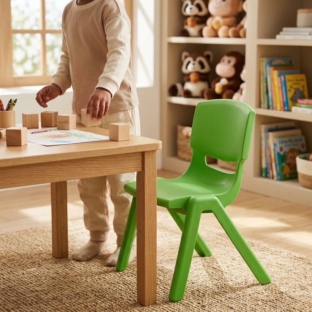 Children's green plastic chair with ergonomic backrest and wide stable legs