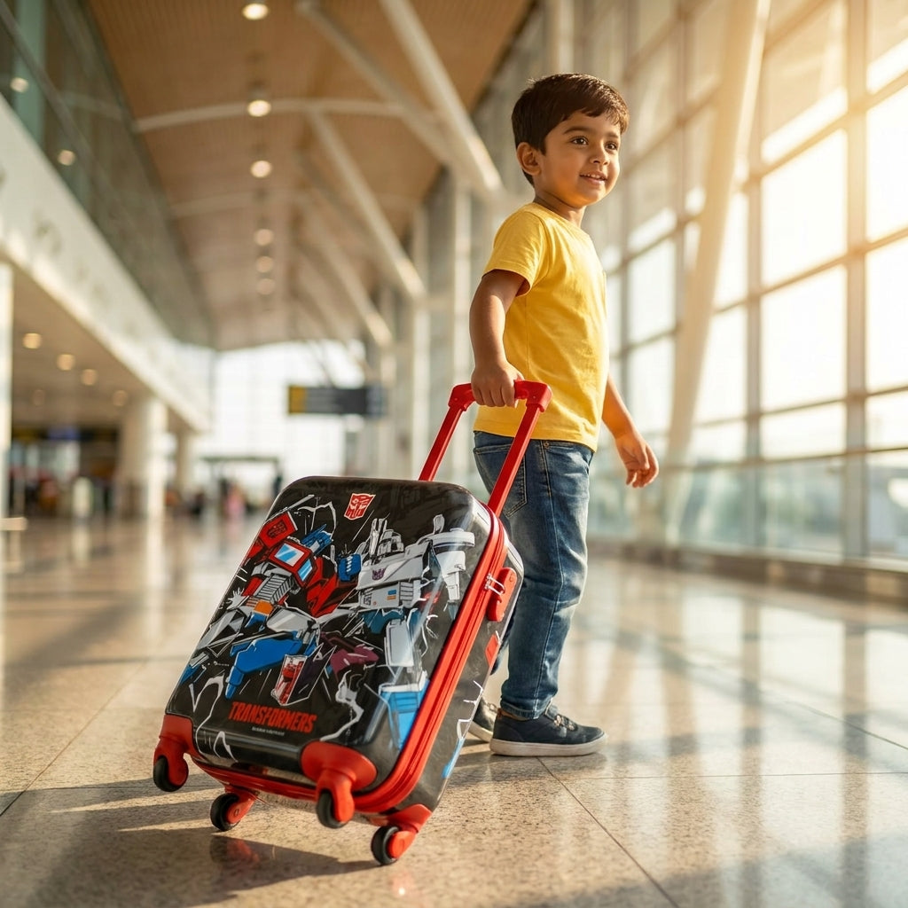 Children's wheeled travel bag open interior showing cross-strap and zippered mesh lid pocket