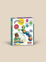 Child playing with colourful interlocking gear spinning toy — educational creativity toy