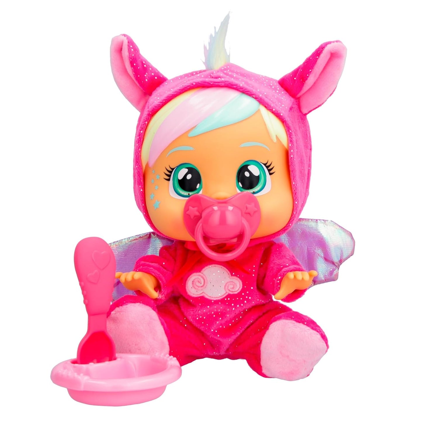 Front view of Cry Babies Hannah Doll wearing sparkly pink jumpsuit with wings
