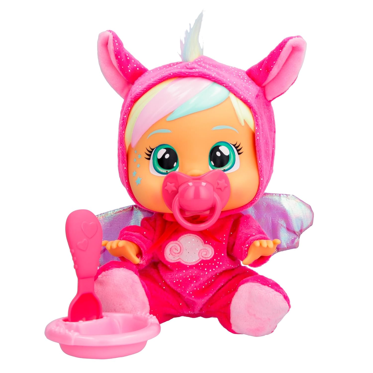 Front view of Cry Babies Hannah Doll wearing sparkly pink jumpsuit with wings