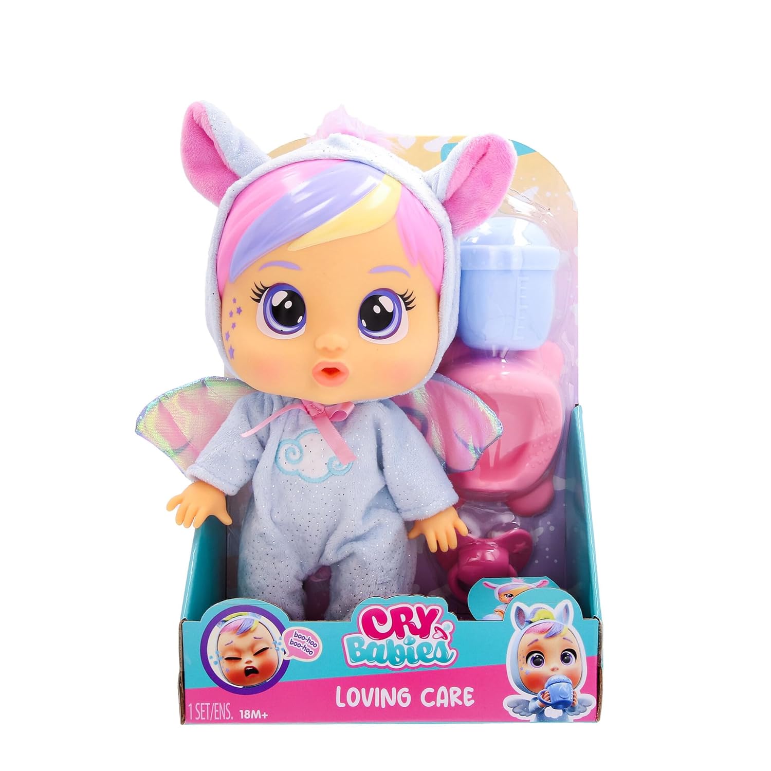 Cry Babies Loving Care Fantasy Jenna doll dressed in unicorn outfit with accessories