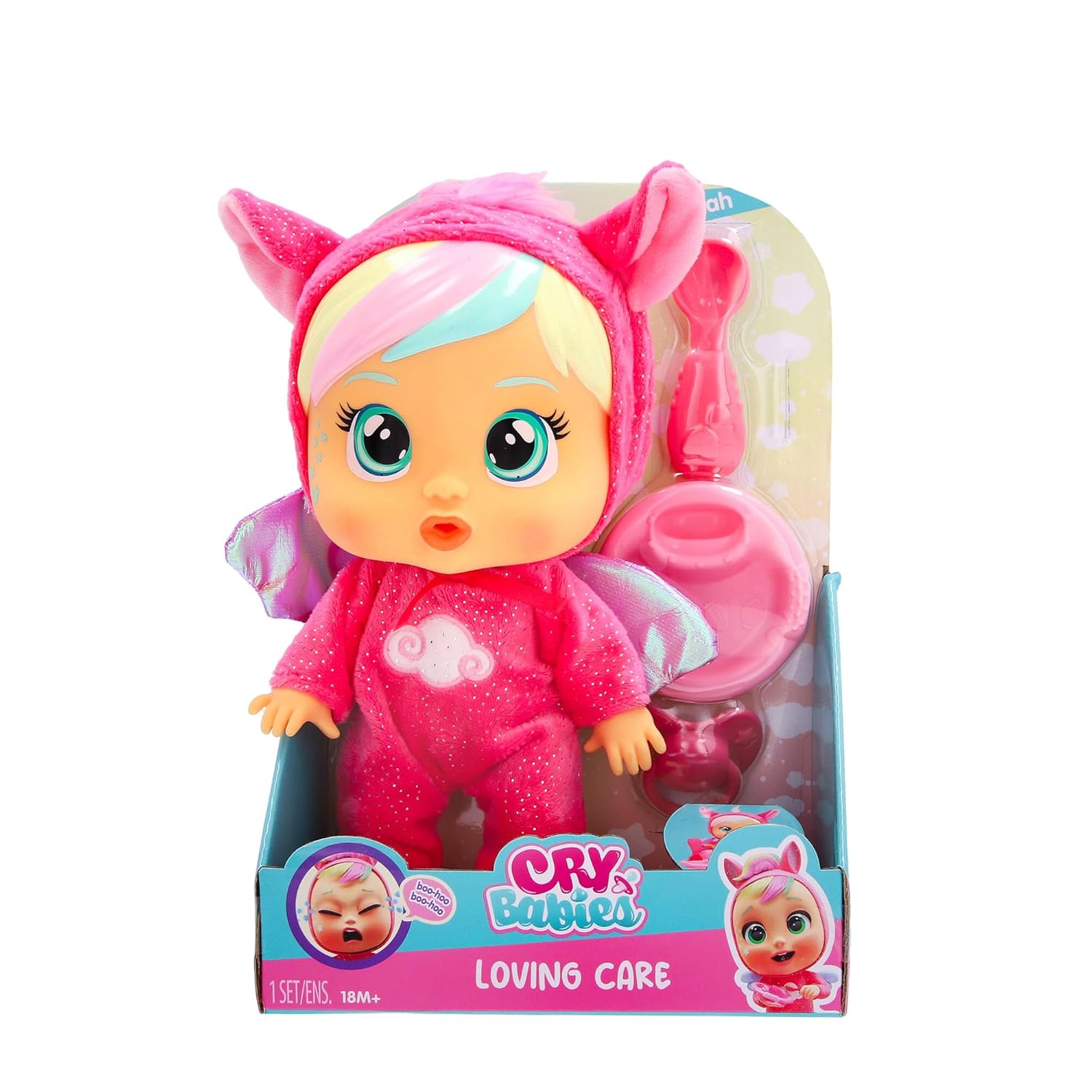 Cry Babies Loving Care Fantasy Hannah Doll dressed in pink unicorn outfit