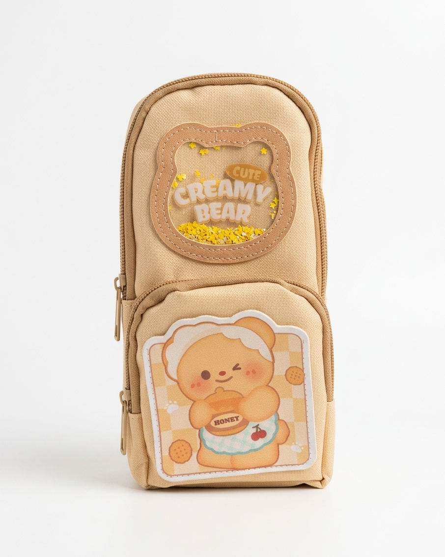 Creamy Bear pencil pouch mini backpack style beige front view girls