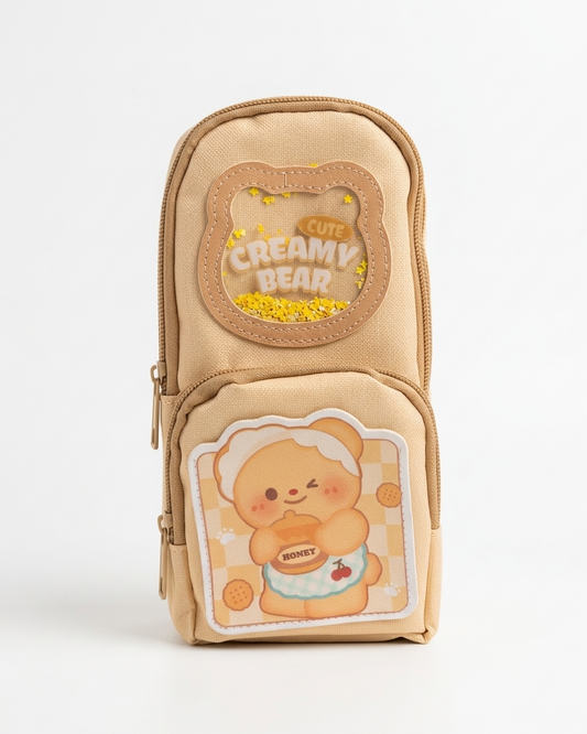 Creamy Bear pencil pouch mini backpack style beige front view girls