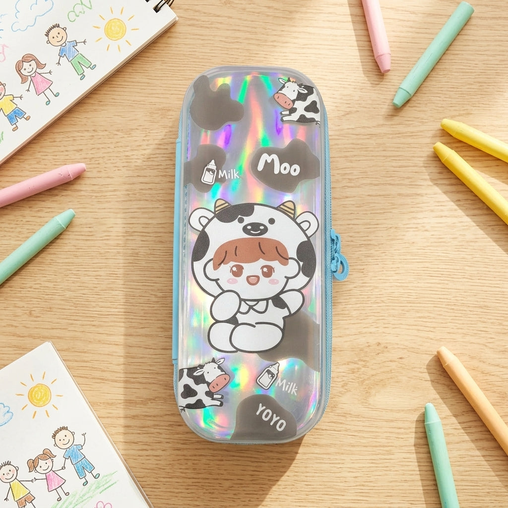Cute chibi cow character iridescent pencil case for students – aesthetic stationery organizer