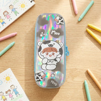 Cute chibi cow character iridescent pencil case for students – aesthetic stationery organizer