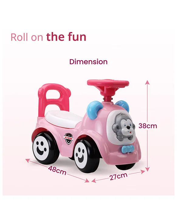 Adorable pink baby ride-on vehicle with smiling face design.