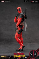 Deadpool action figure on a gray background with Marvel branding.