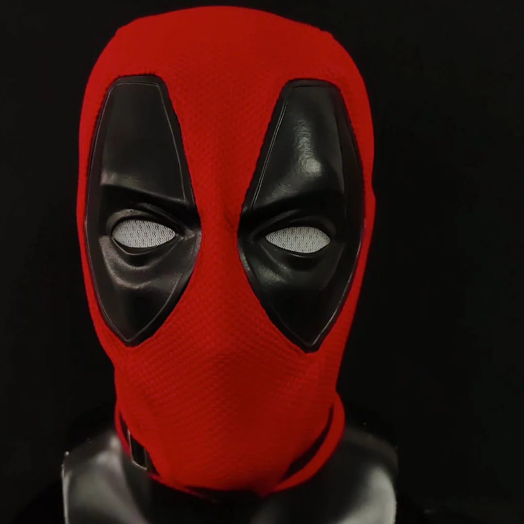 Deadpool red latex face mask with black eye patches for cosplay and costume parties